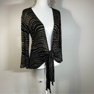 Vintage Chico's Travelers Black/Gold Wave Patterned Cardigan Shimmer Wrap Blouse
